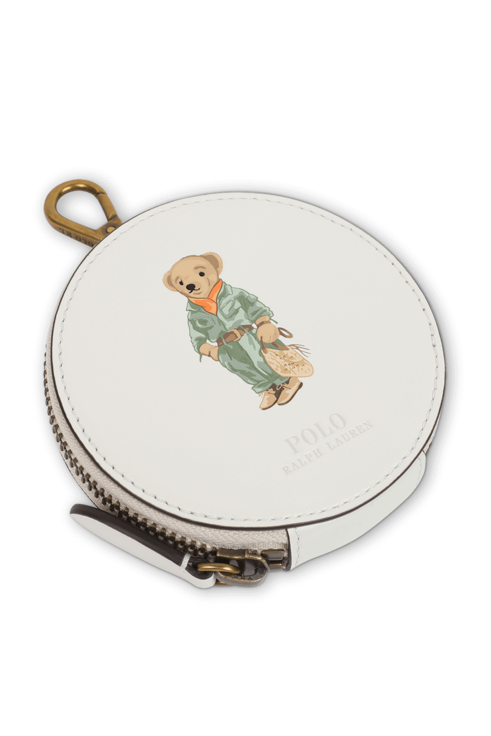 תמונת תקריב של ארנק מטבעות עגול מעור בגוון לבן