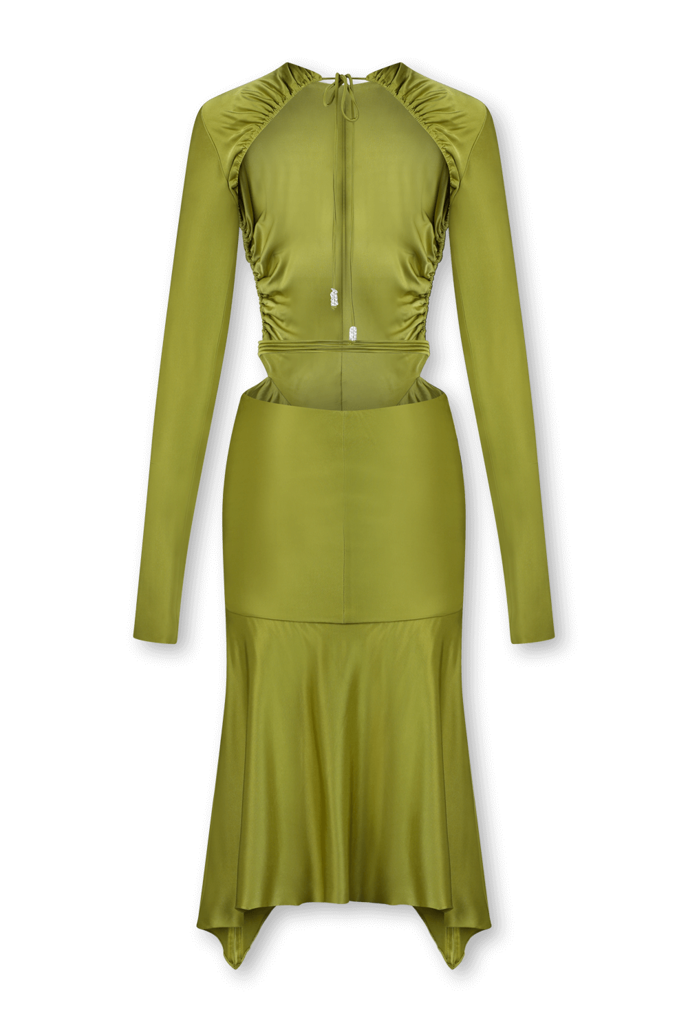 תמונה אחורית של שמלת מידי ירוקה עם גב פתוח