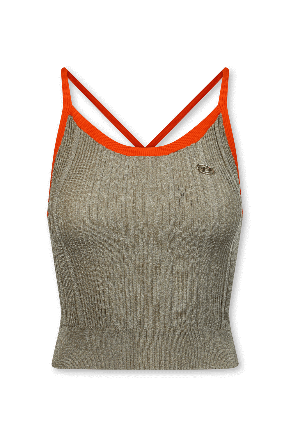 תמונה קידמית של גופיה סרוגה בגווני זהב ואדום