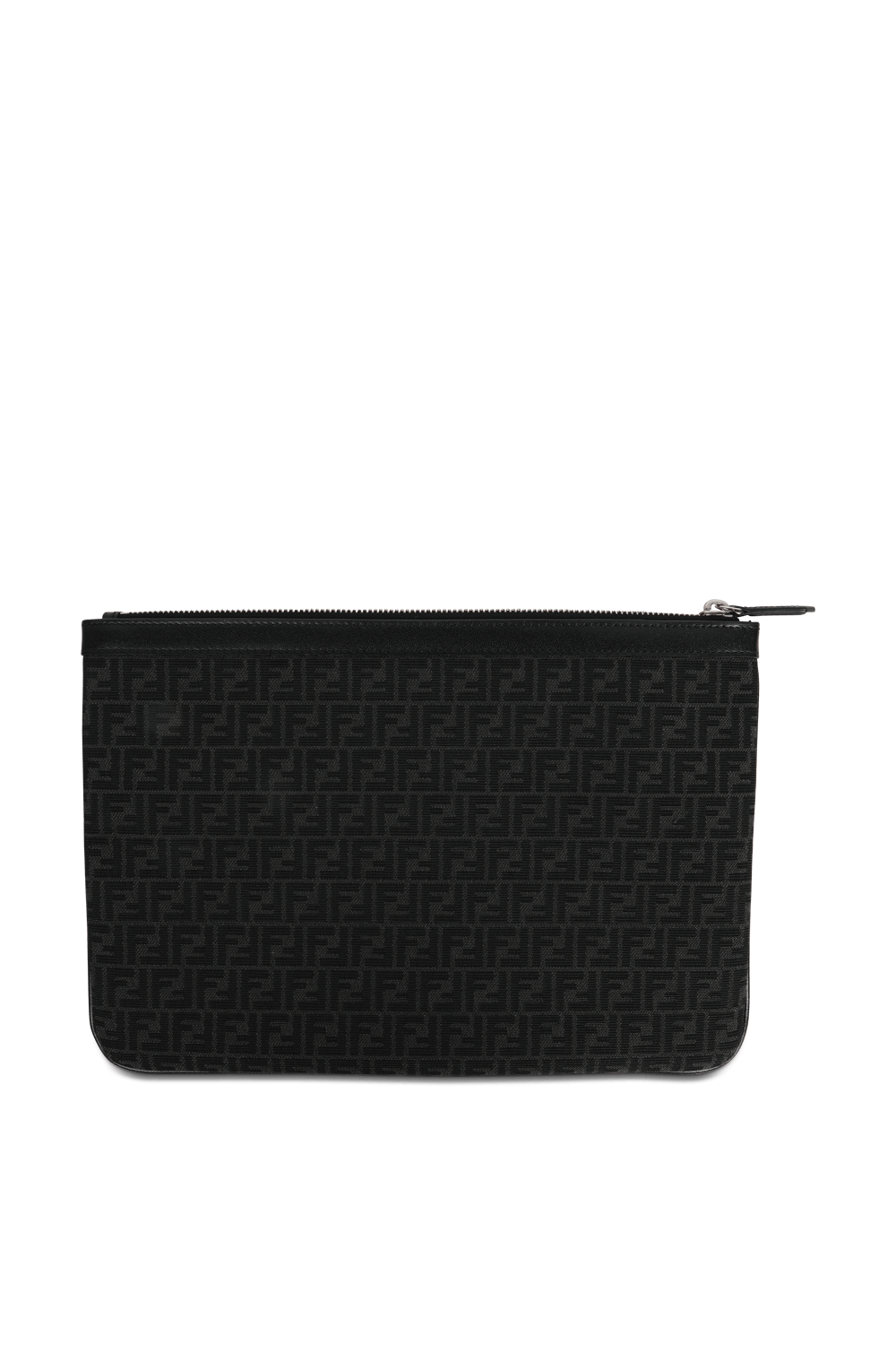 תמונה אחורית של נרתיק מעור עם הדפס מונוגרמי בגוון שחור