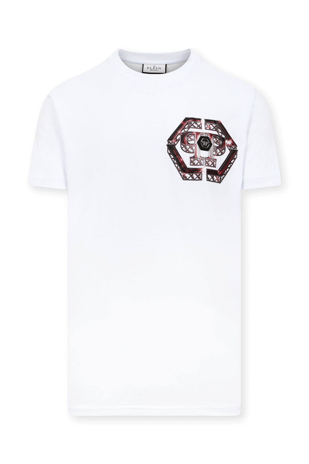 תמונה קידמית של חולצת לוגו טי עם הדפס מפלצות מאחור