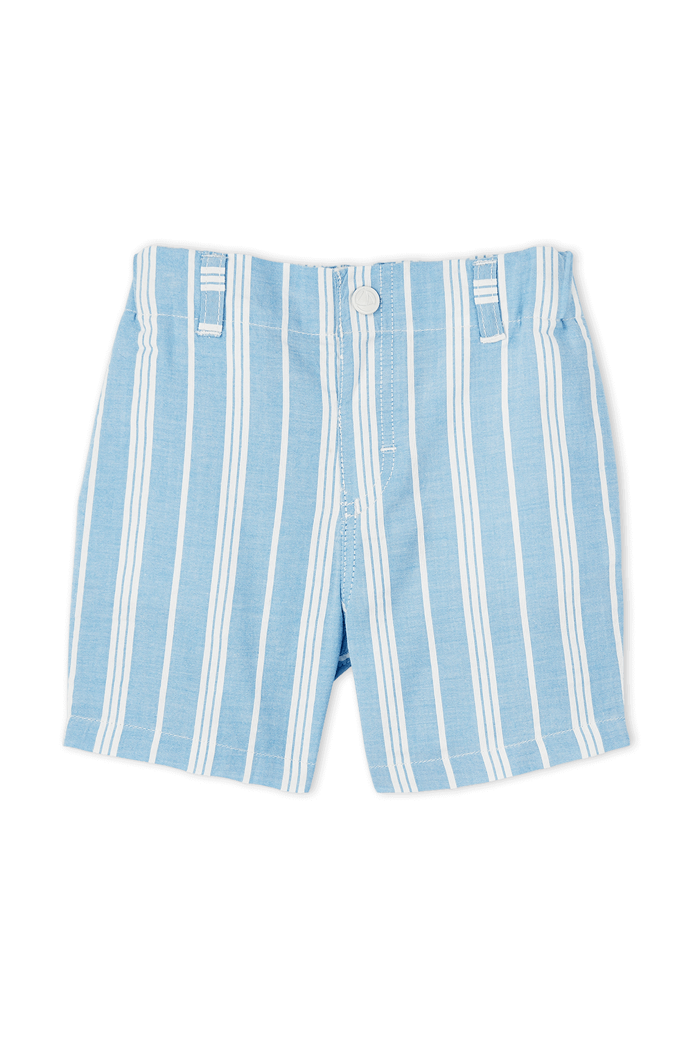 תמונה קידמית של גילאי 6-12 חודשים מכנסי ג'ינס קצרים בגוון תכלת עם פסים לבנים