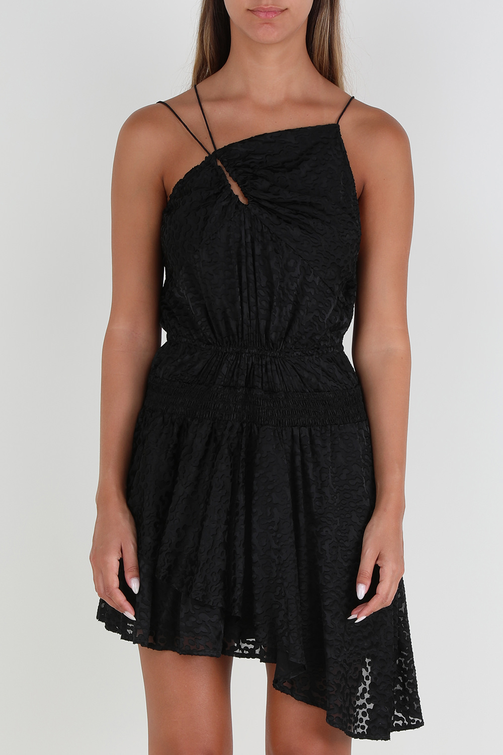 תמונת דוגמן קידמית של שמלת מיני א-סימטרית מנוקדת