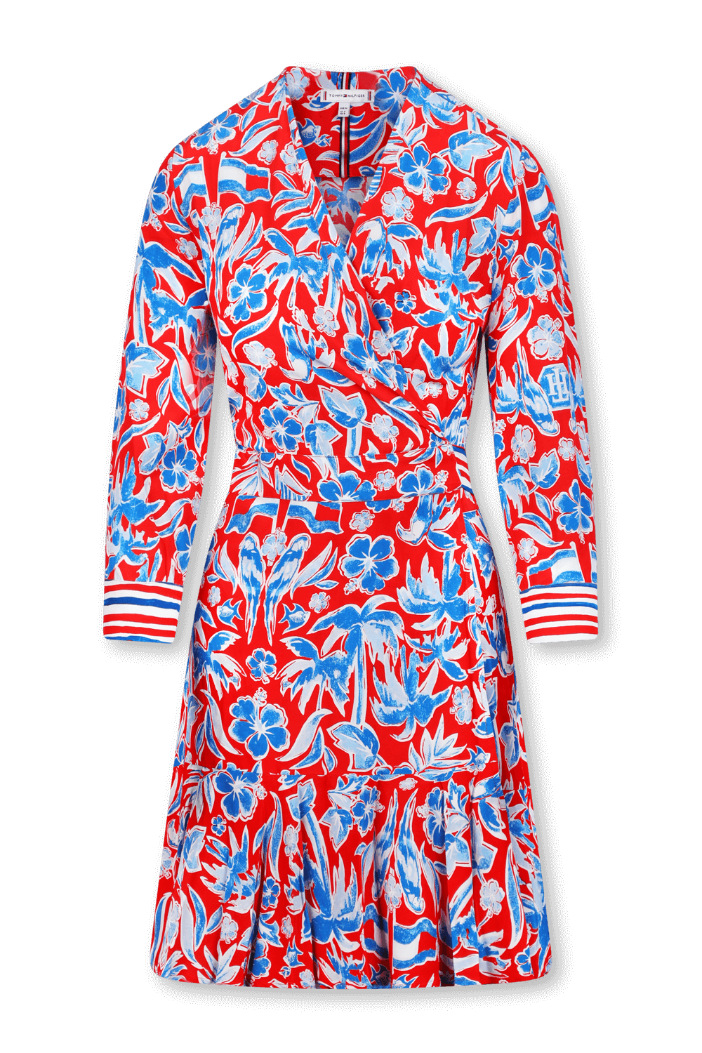 תמונה קידמית של שמלת מעטפה פרחונית בגווני כחול,אדום ולבן