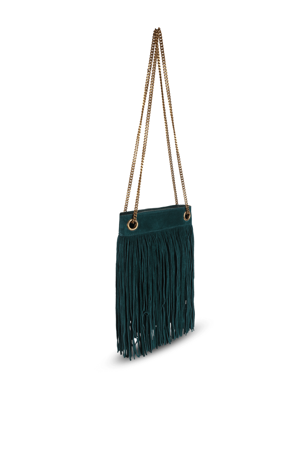 תמונה אחורית של תיק פרנזים ירוק מזמש עם רצועת שרשרת