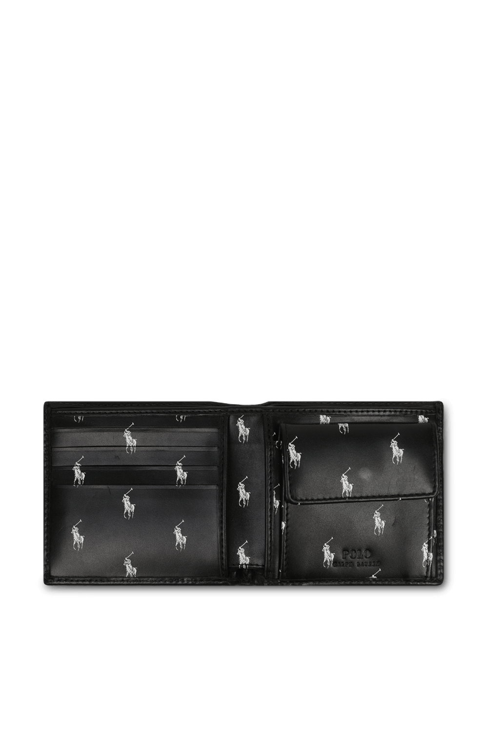 תמונת פנים של ארנק עור עם הדפס לוגומאני פנימי בגוון שחור