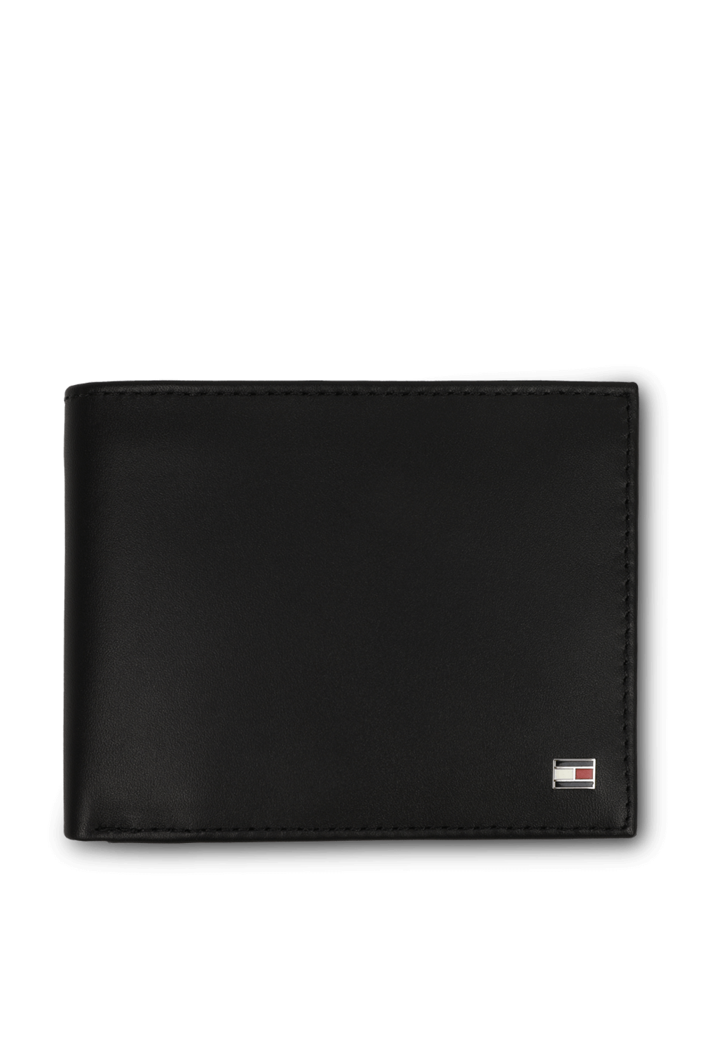 תמונה קידמית של ארנק מעור שחור עם לוגו מוטבע