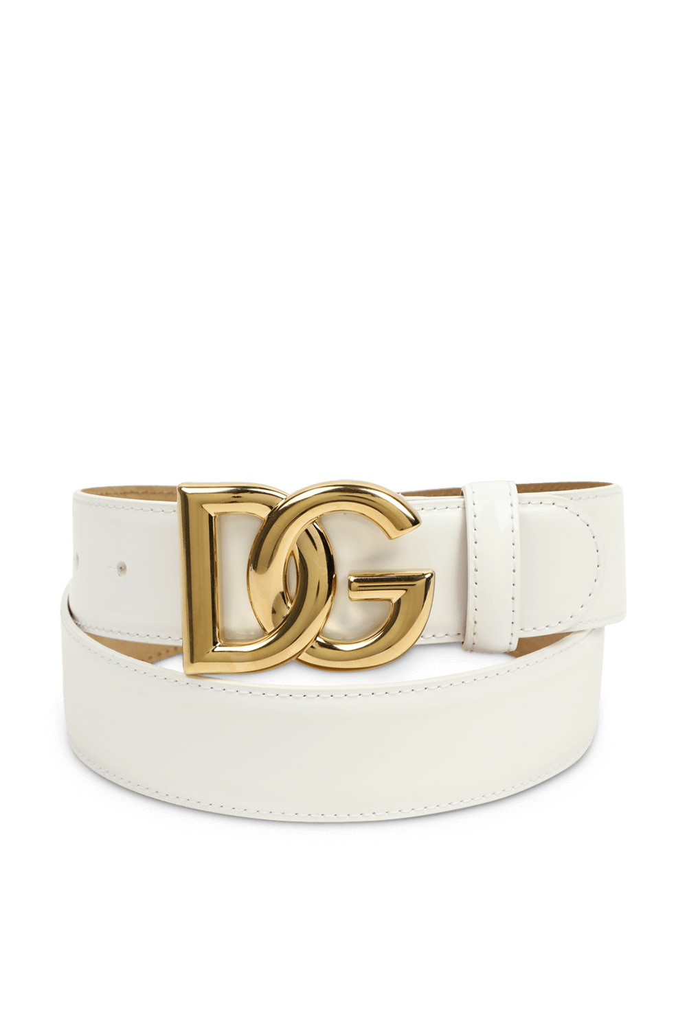 תמונה קידמית של חגורת עור עם לוגו מונוגרמי מוזהב