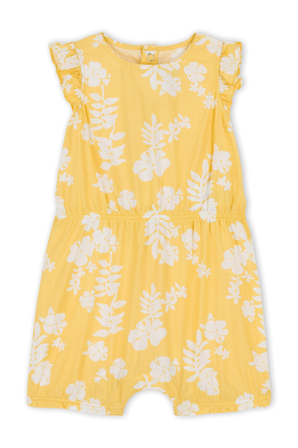 תמונה קידמית של גילאי 6-12 חודשים אוברול קצר צהוב עם בוטני פרחים לבן