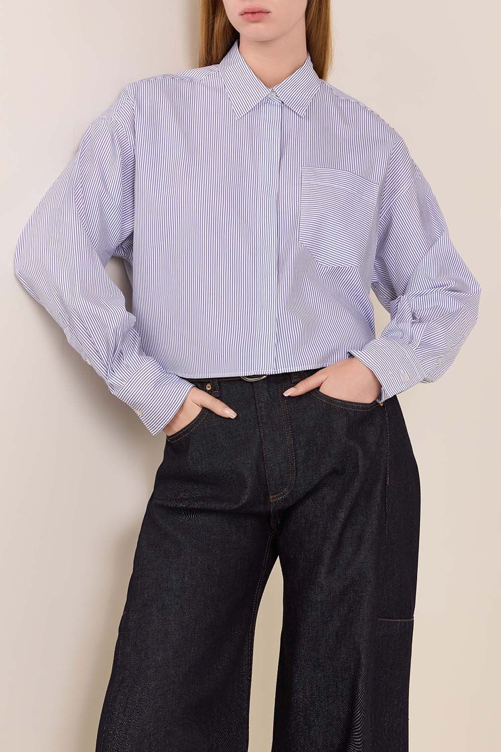 תמונת דוגמן קידמית של חולצת כפתורים קרופ