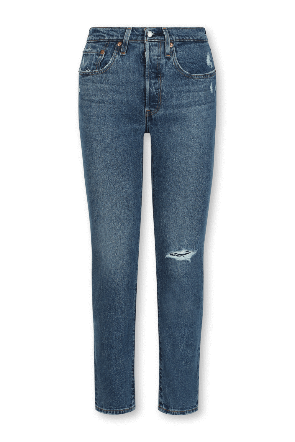 תמונה קידמית של ג'ינס 501 כחול באורך קרופ עם קרע בברך