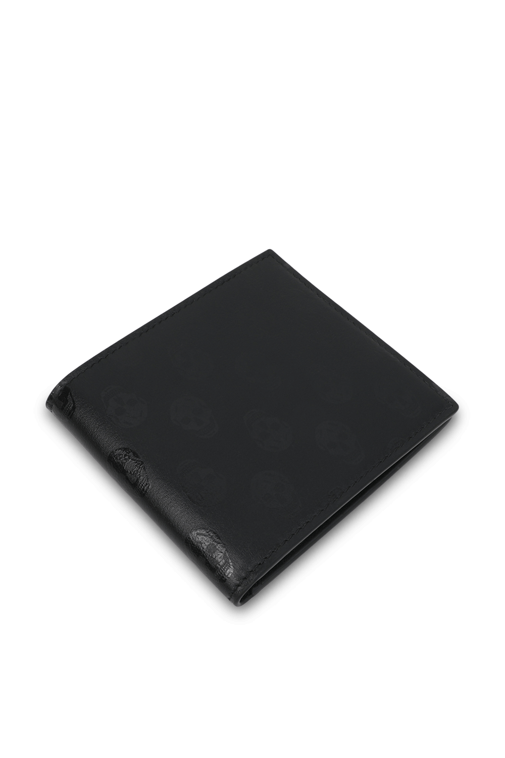 תמונה אחורית של ארנק עור שחור עם פרינט גולגולות