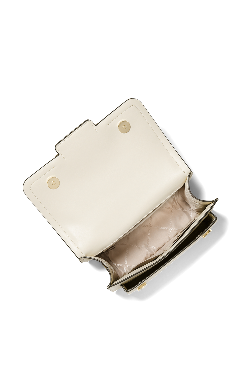 תמונת תקריב של תיק צד מיני מעור לבן עם אבזם לוגו זהב