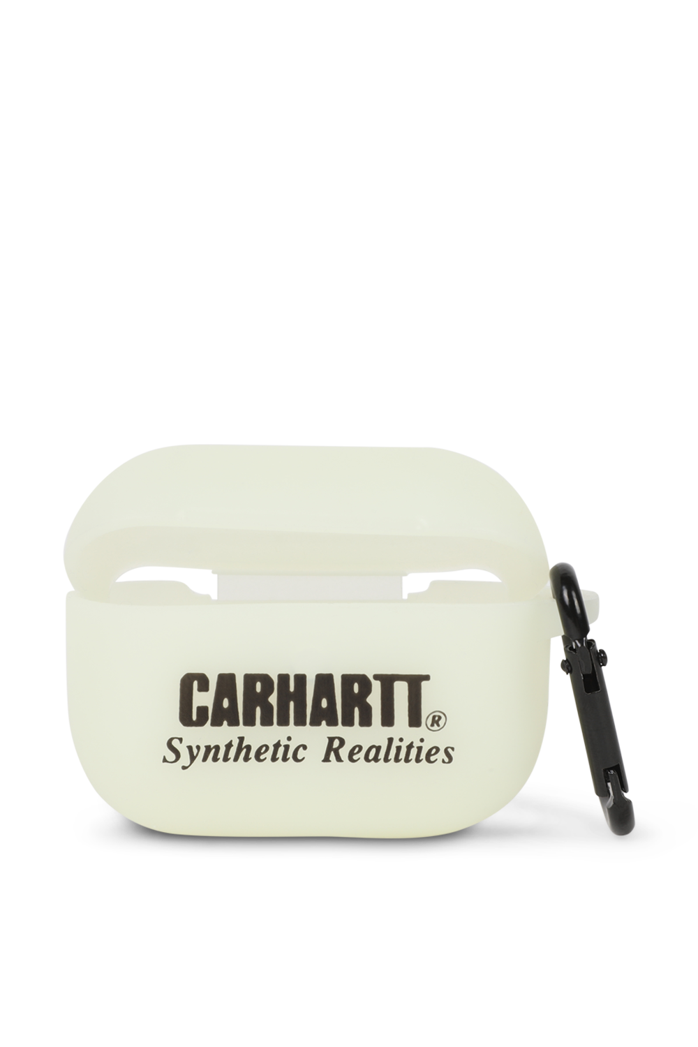 תמונה קידמית של כיסוי איירפודס לבן עם לוגו שחור