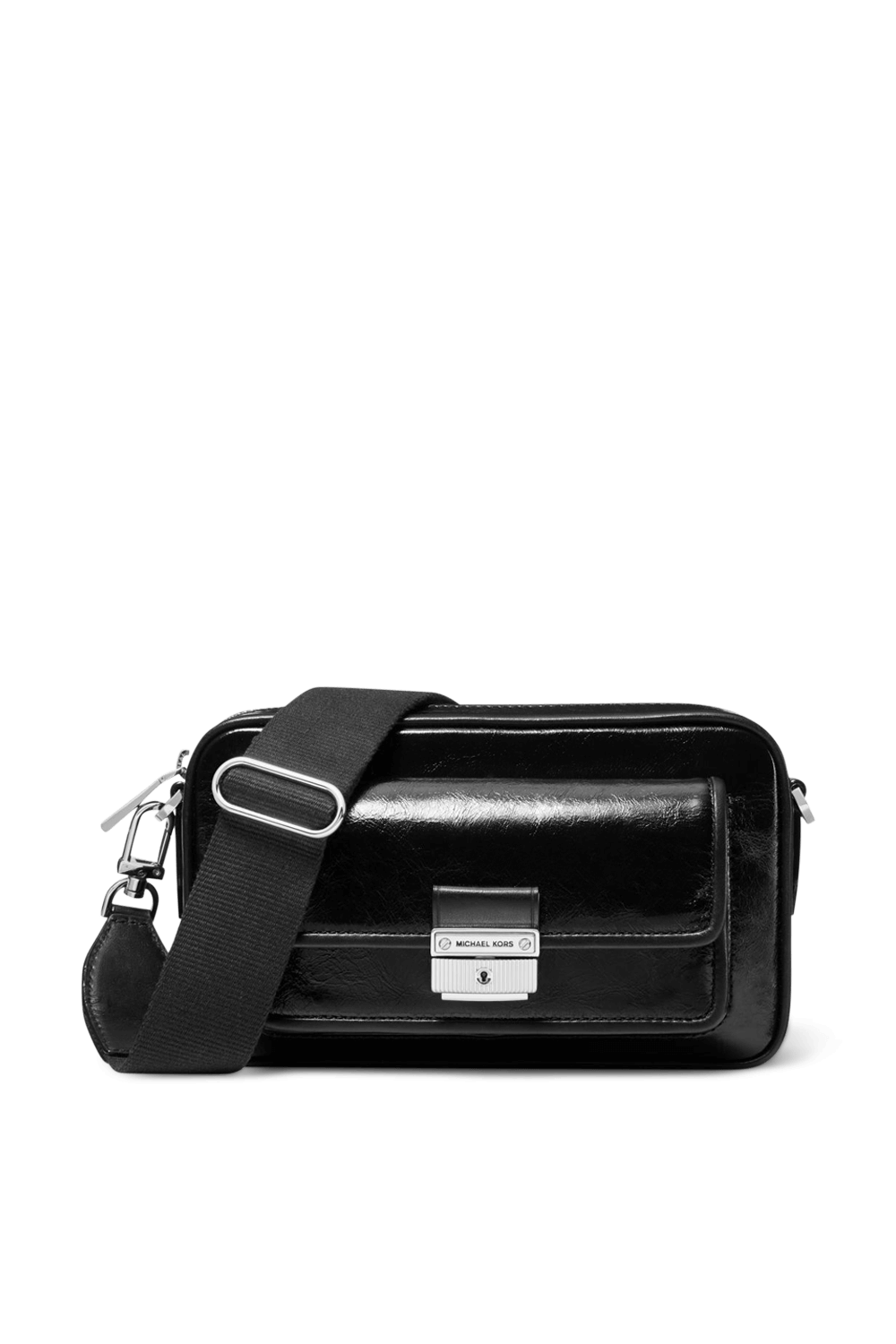 תמונה קידמית של תיק קאמרה בגודל בינוני מעור בגוון שחור מבריק