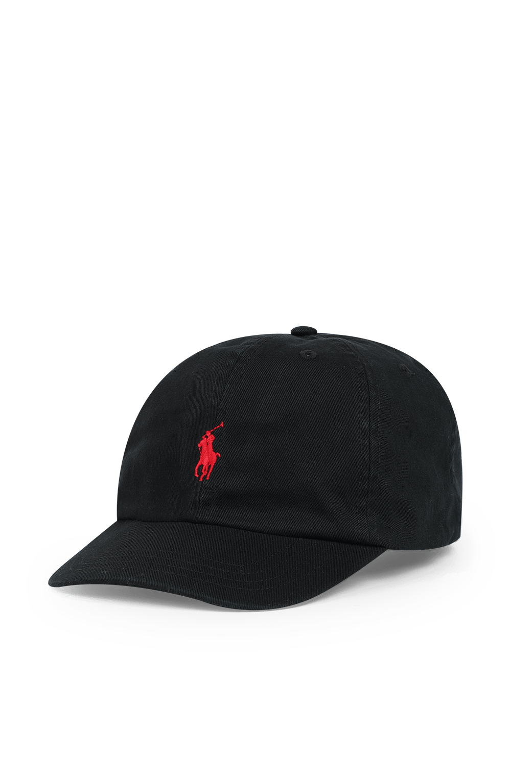 תמונה קידמית של כובע בייסבול שחור עם רקמת פרש פולו