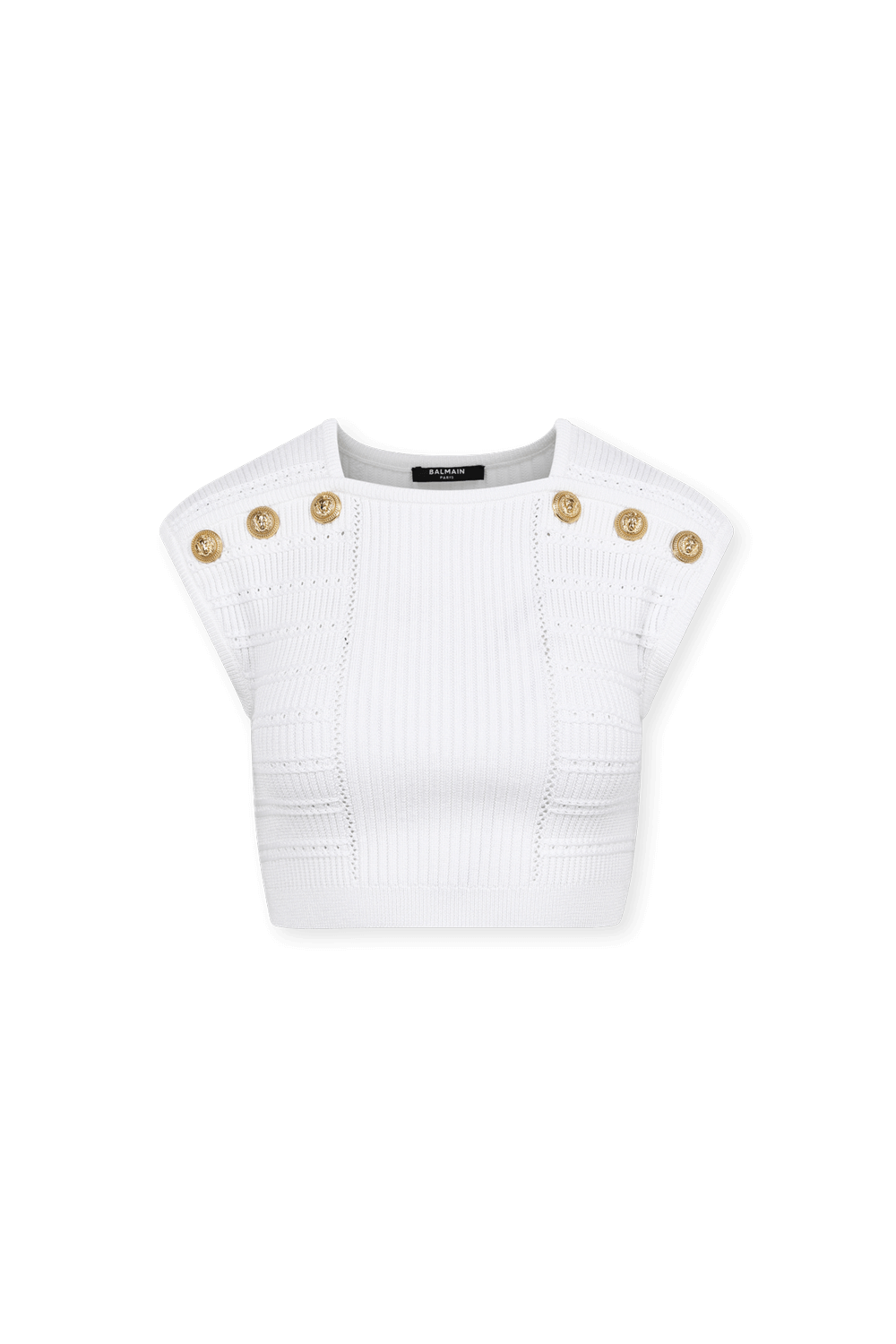 תמונה קידמית של קרופ טופ סרוג עם כפתורים