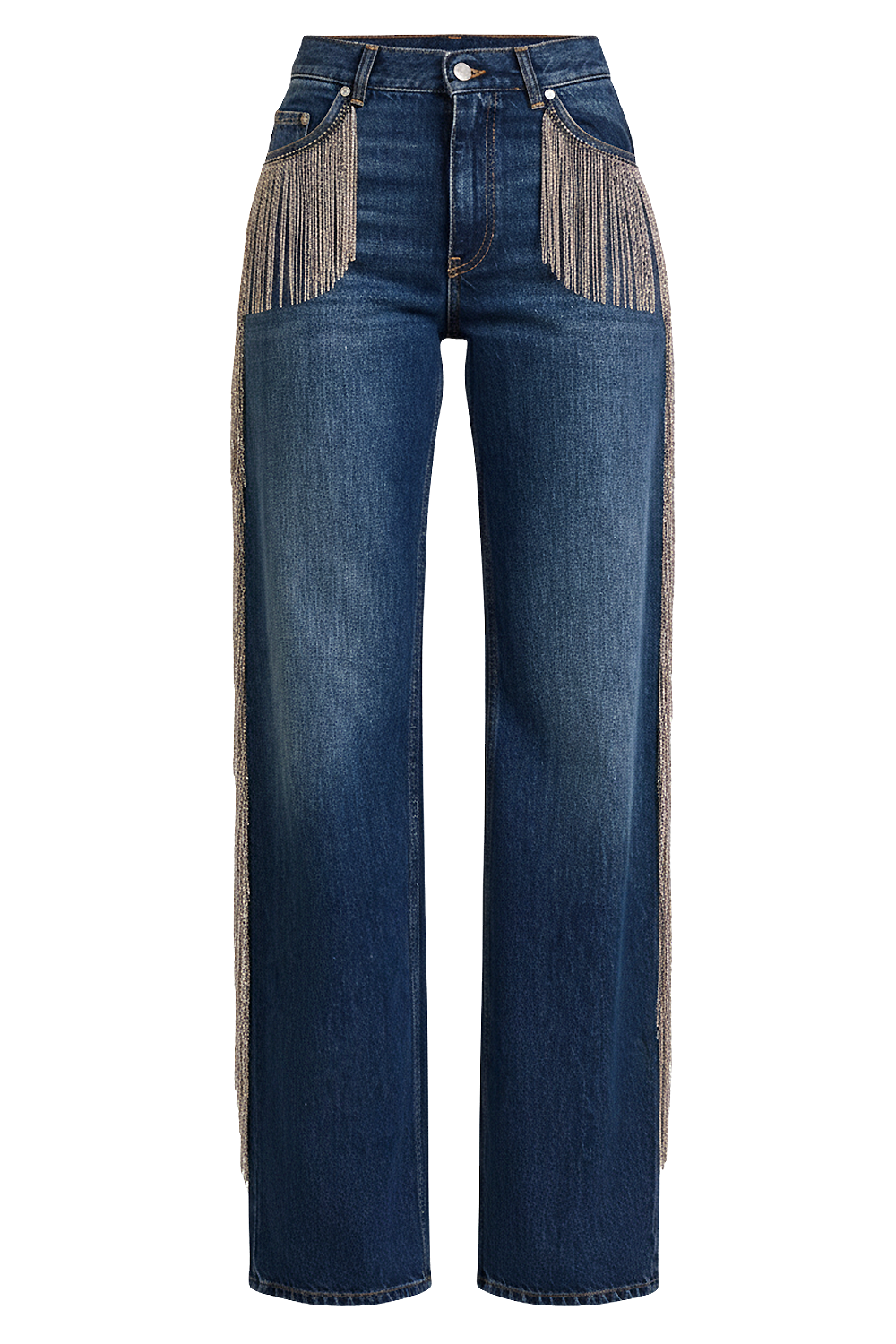 תמונה קידמית של מכנסי ג'ינס רחבים עם פרנזים מטאלים