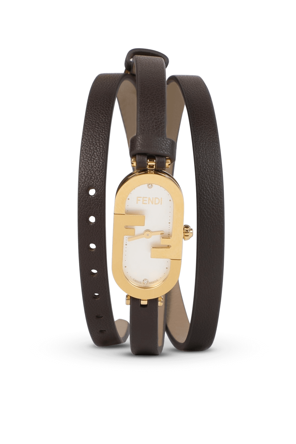 תמונה קידמית של שעון זהב אנכי עם רצועת עור