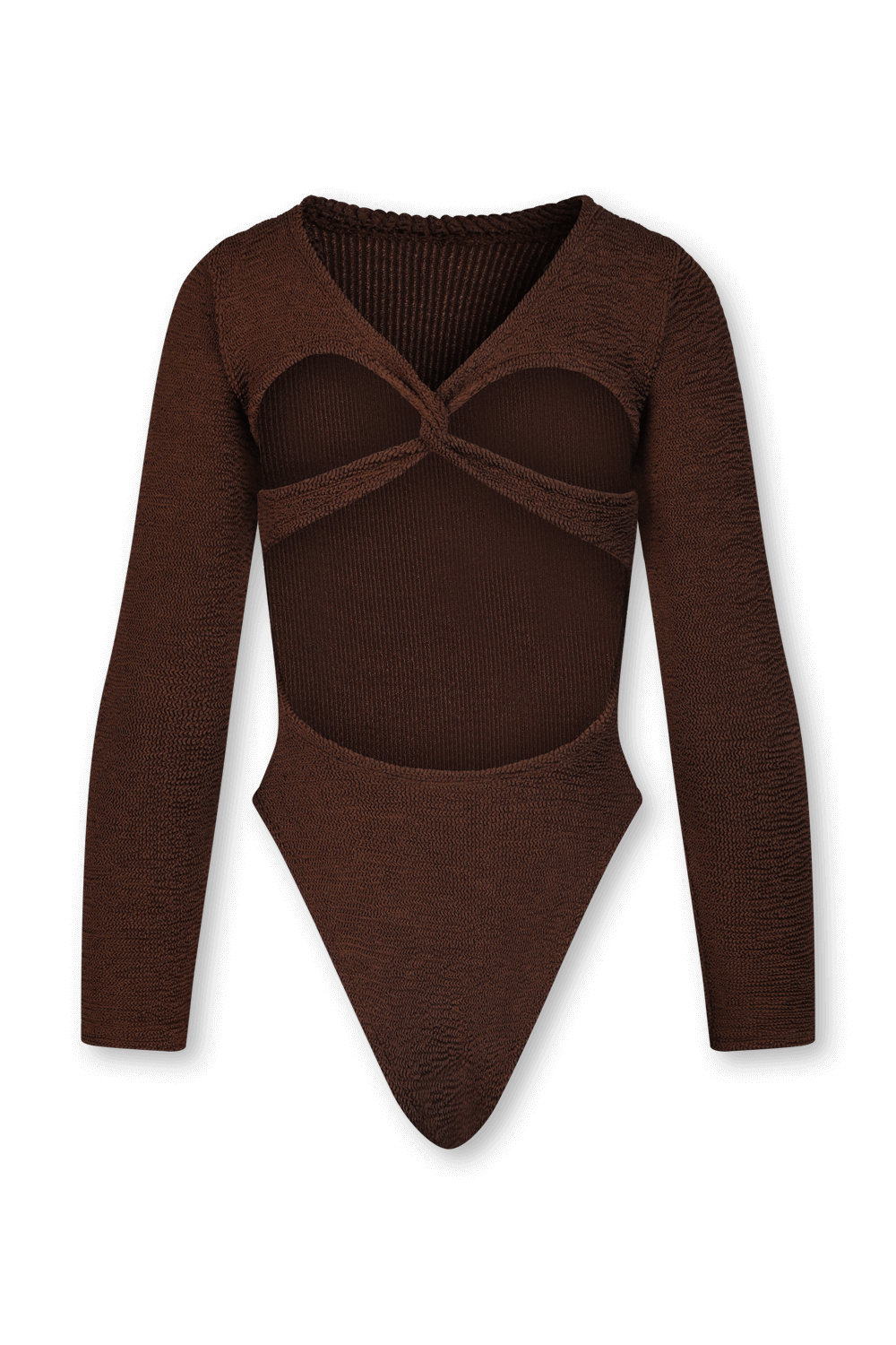 תמונה אחורית של בגד ים שלם חום עם שרוולים ארוכים