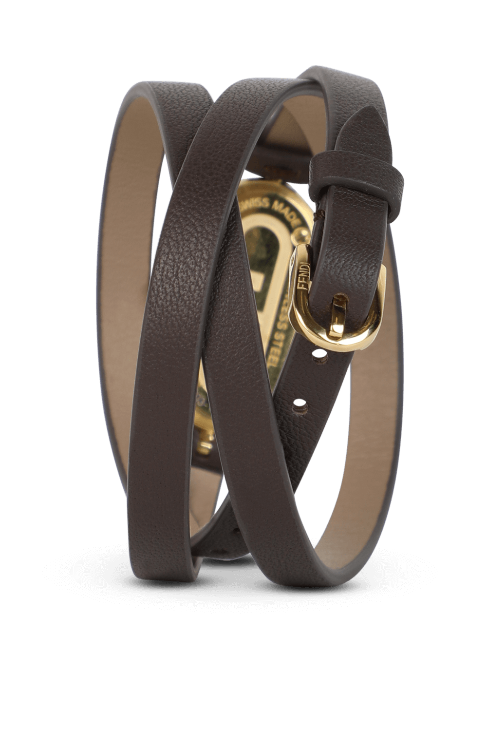 תמונה אחורית של שעון זהב אנכי עם רצועת עור