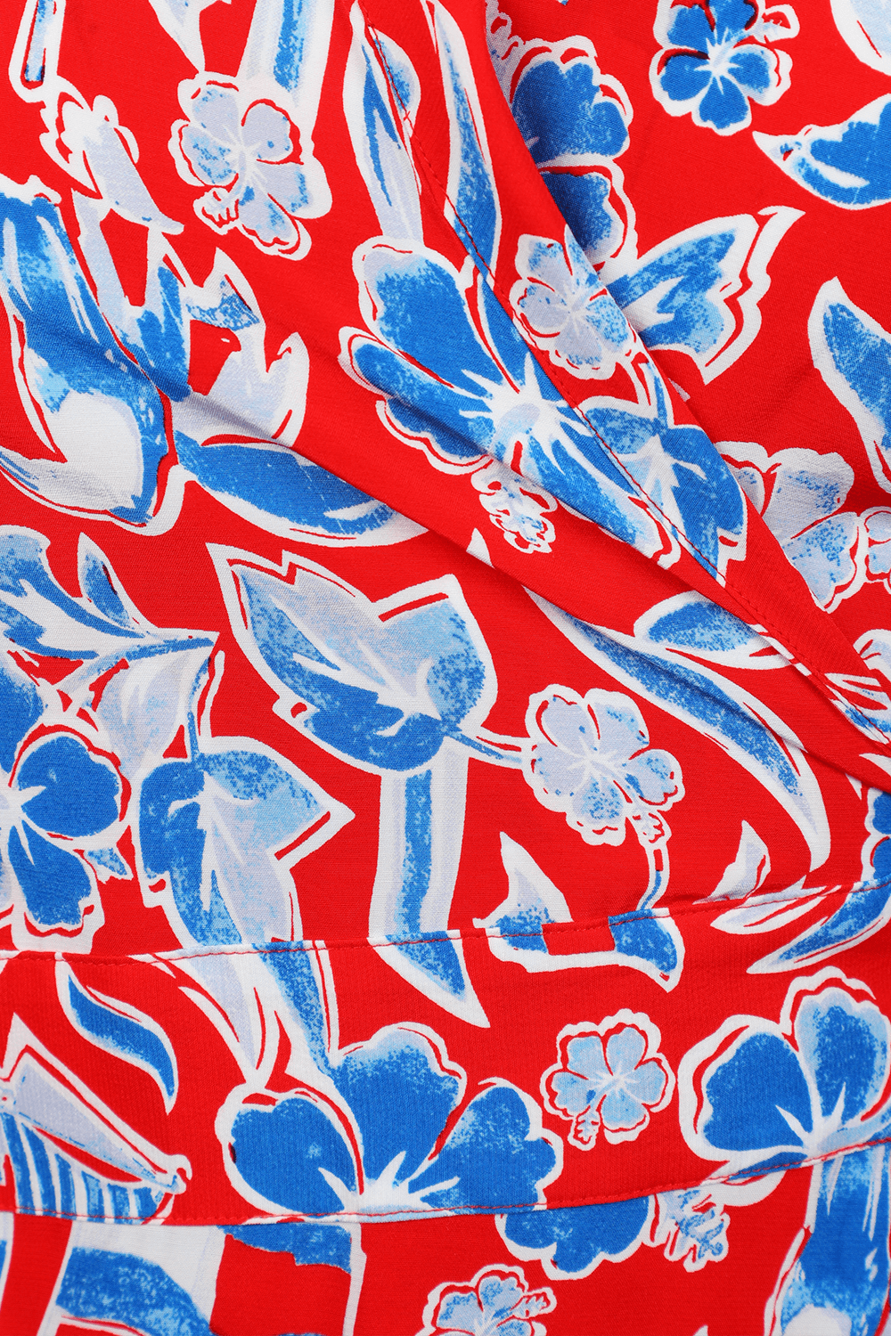 תמונה אחורית של שמלת מעטפה פרחונית בגווני כחול,אדום ולבן