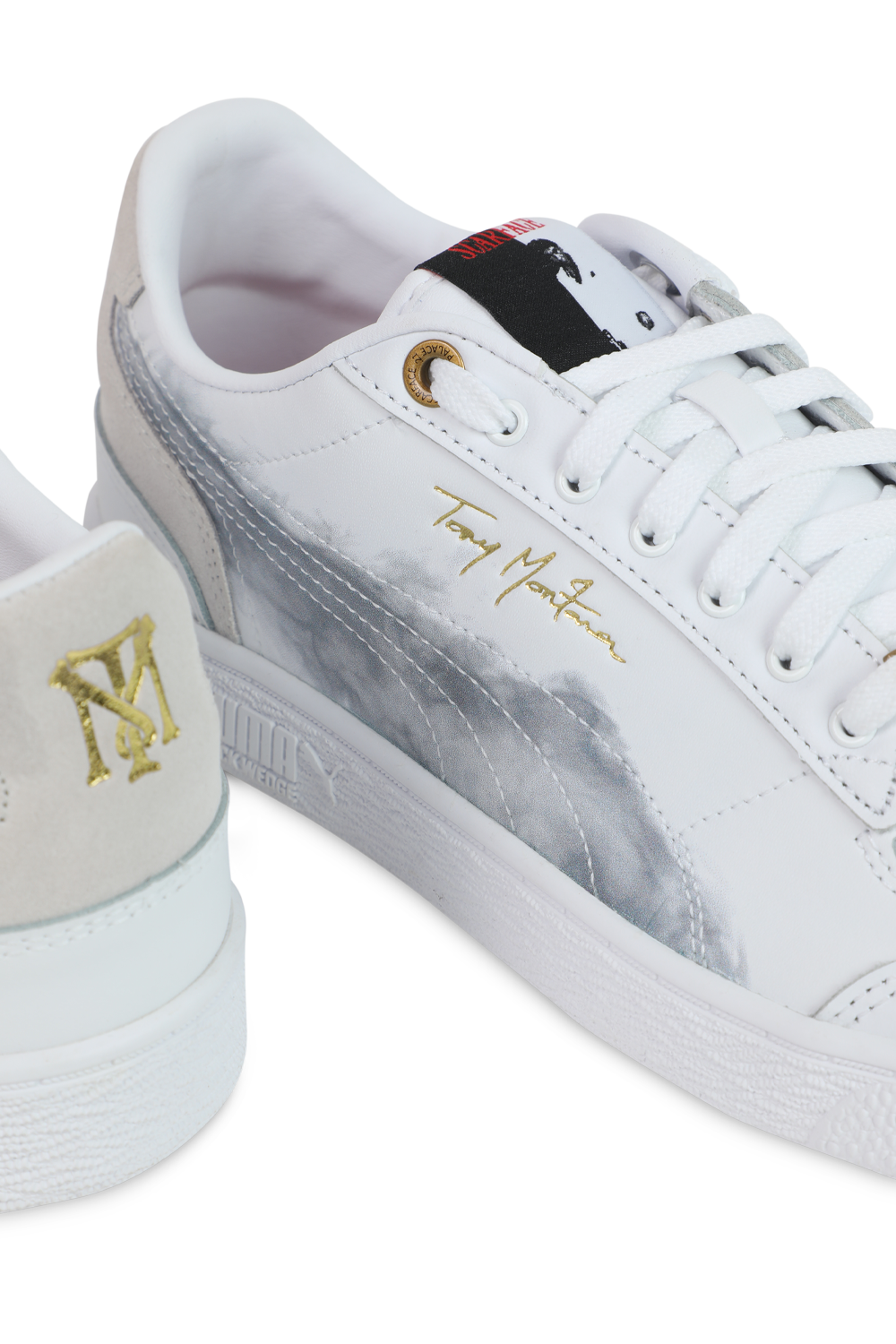 תמונת תקריב של נעלי סניקרס טוני מונטנה לבנות