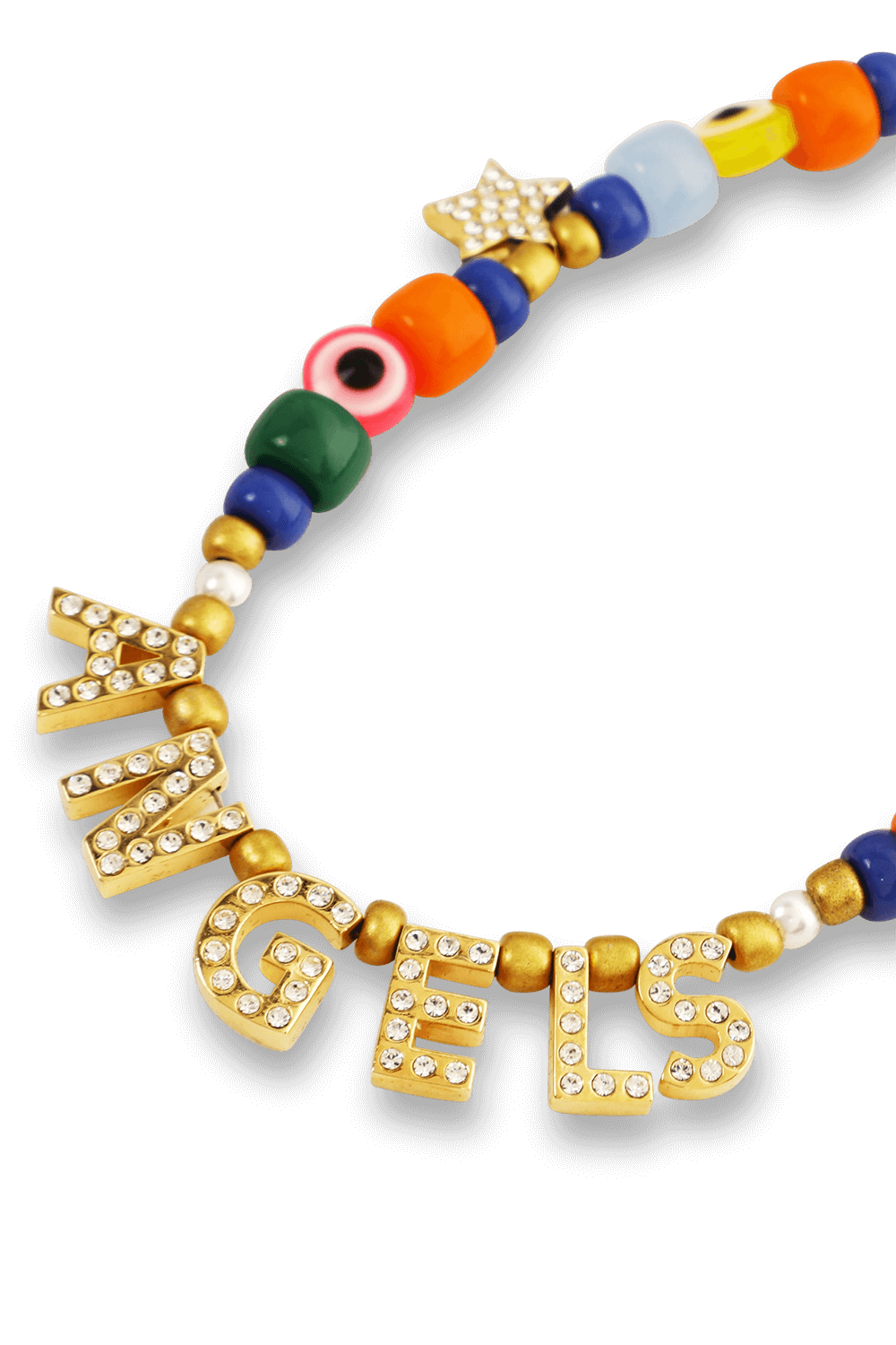 תמונה אחורית של שרשרת חרוזים עם לוגו צ'ארם בציפוי זהב