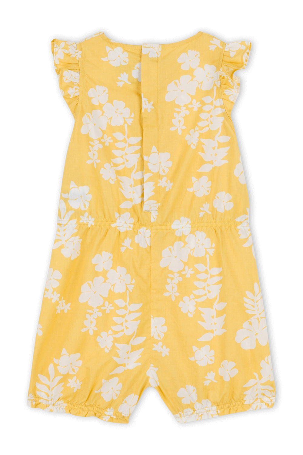 תמונה אחורית של גילאי 6-12 חודשים אוברול קצר צהוב עם בוטני פרחים לבן