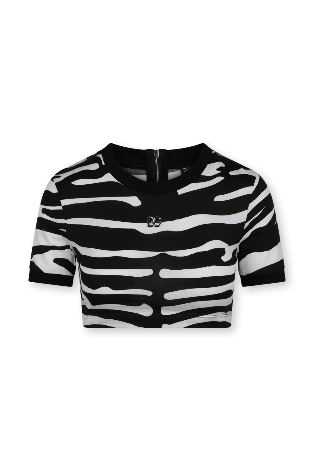 תמונה קידמית של חולצת קרופ בהדפס זברה עם לוגו מטאלי