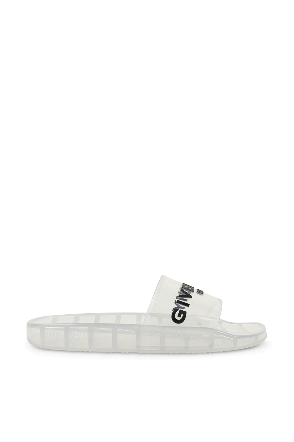 תמונה קידמית של כפכפי סליידס שקופים עם לוגו