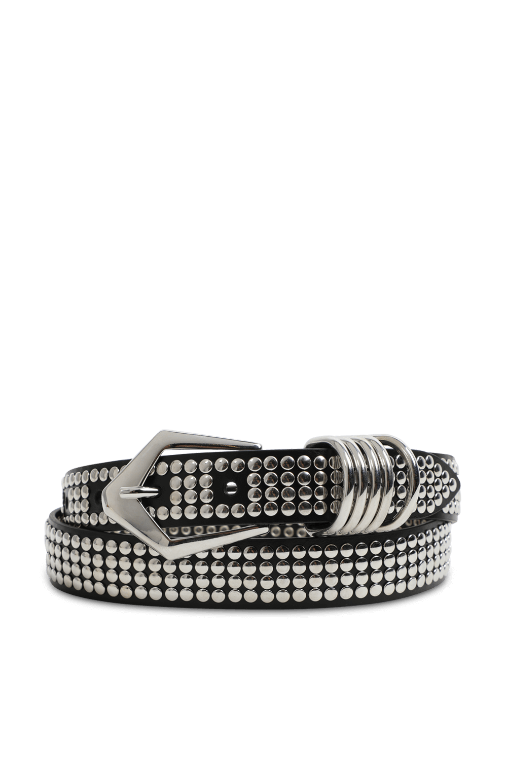 תמונה קידמית של חגורת עור בעיטור ניטים מטאליים