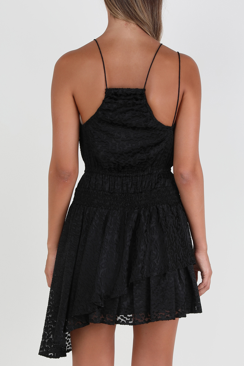 תמונת דוגמן אחורית של שמלת מיני א-סימטרית מנוקדת