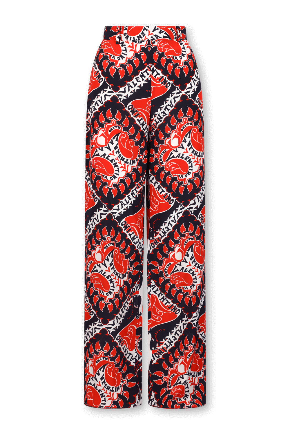 תמונה קידמית של מכנסי משי אדומים עם הדפס