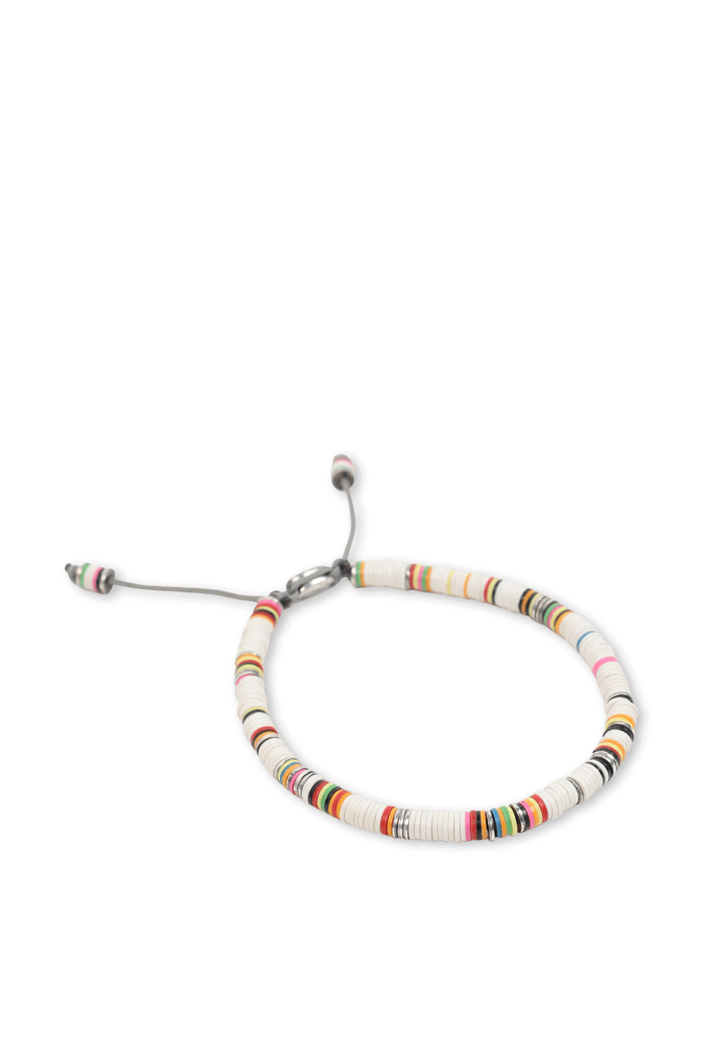 תמונת פנים של צמיד אפריקאי מחרוזי כסף וחרוזים לבנים וצבעוניים