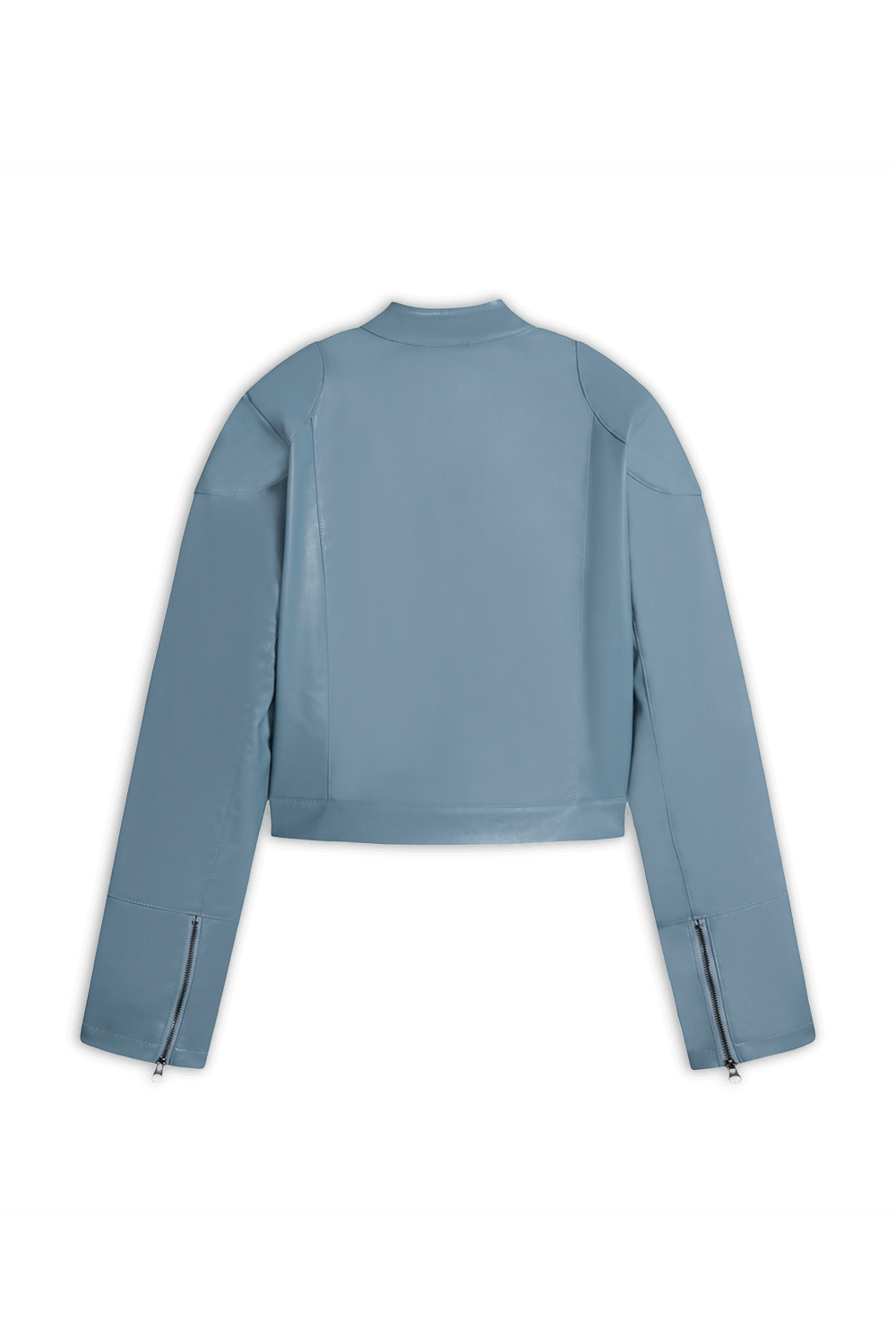 תמונה אחורית של ז'קט דמוי עור