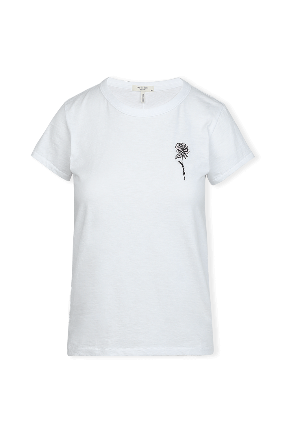 תמונה קידמית של חולצת טי לבנה עם רקמת ורד