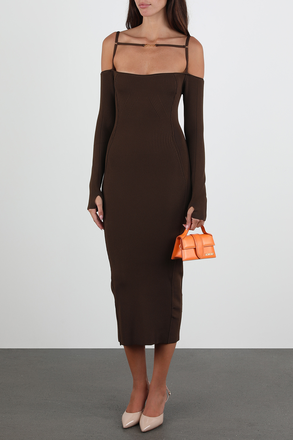 תמונת דוגמן קידמית של תיק כתף לה במבינו מעור בגוון כתום