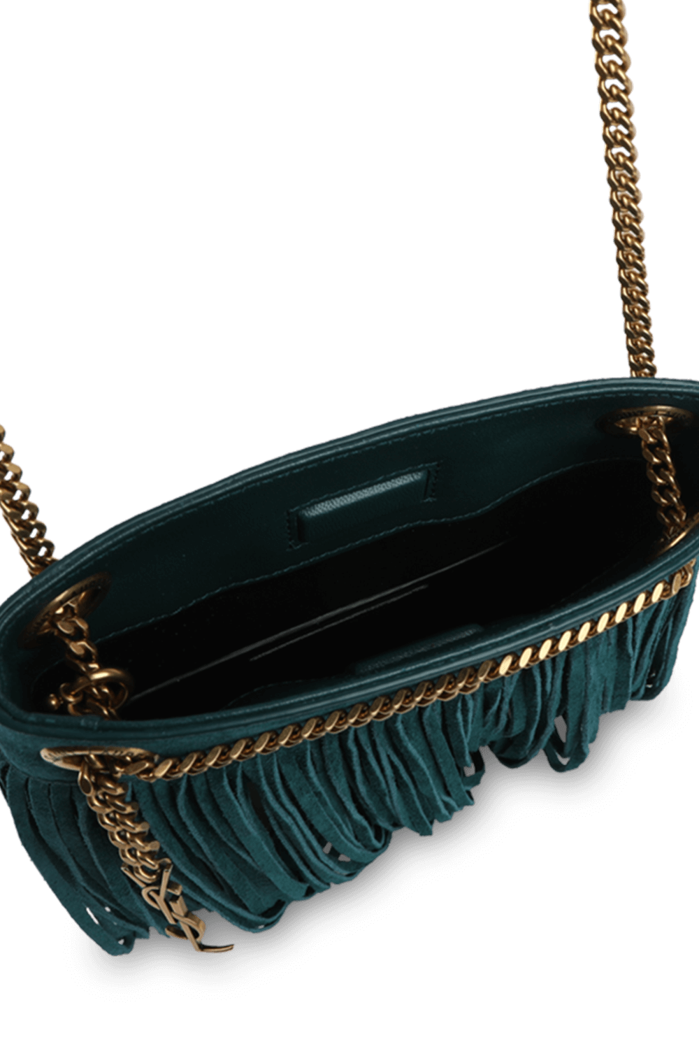 תמונת פנים של תיק פרנזים ירוק מזמש עם רצועת שרשרת