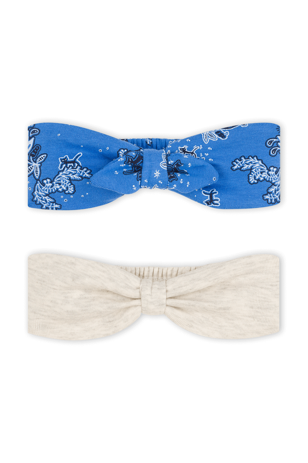 תמונה קידמית של מארז שני פפיונים לשיער בגווני כחול ולבן