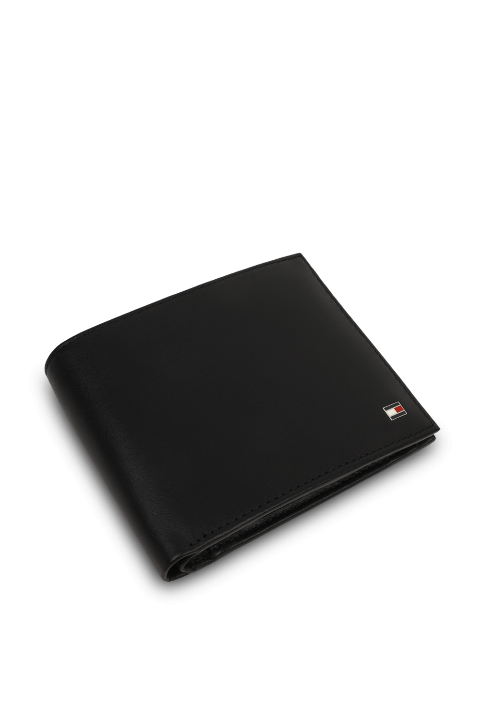 תמונת תקריב של ארנק מעור שחור מתקפל עם לוגו חזיתי