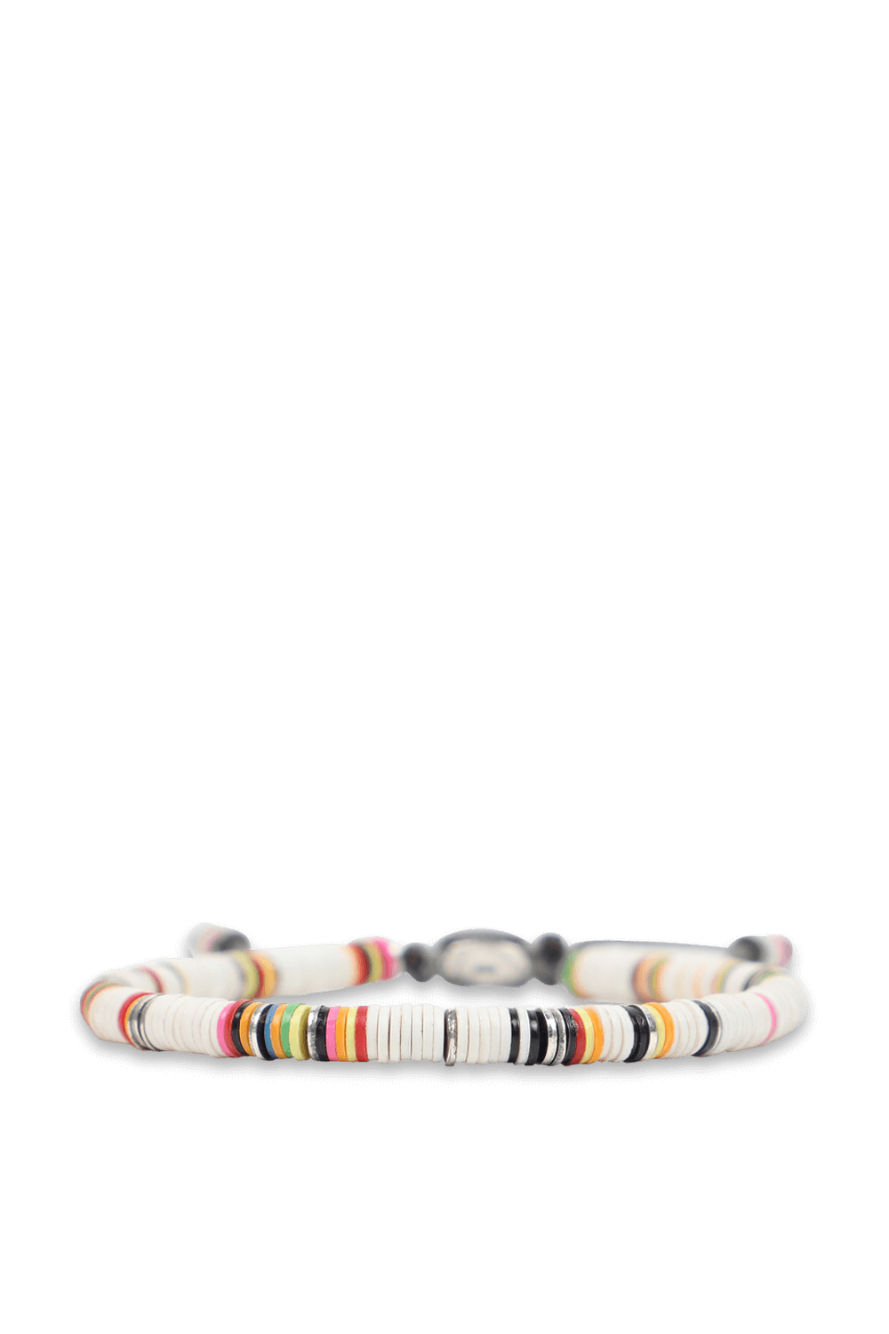 תמונה אחורית של צמיד אפריקאי מחרוזי כסף וחרוזים לבנים וצבעוניים