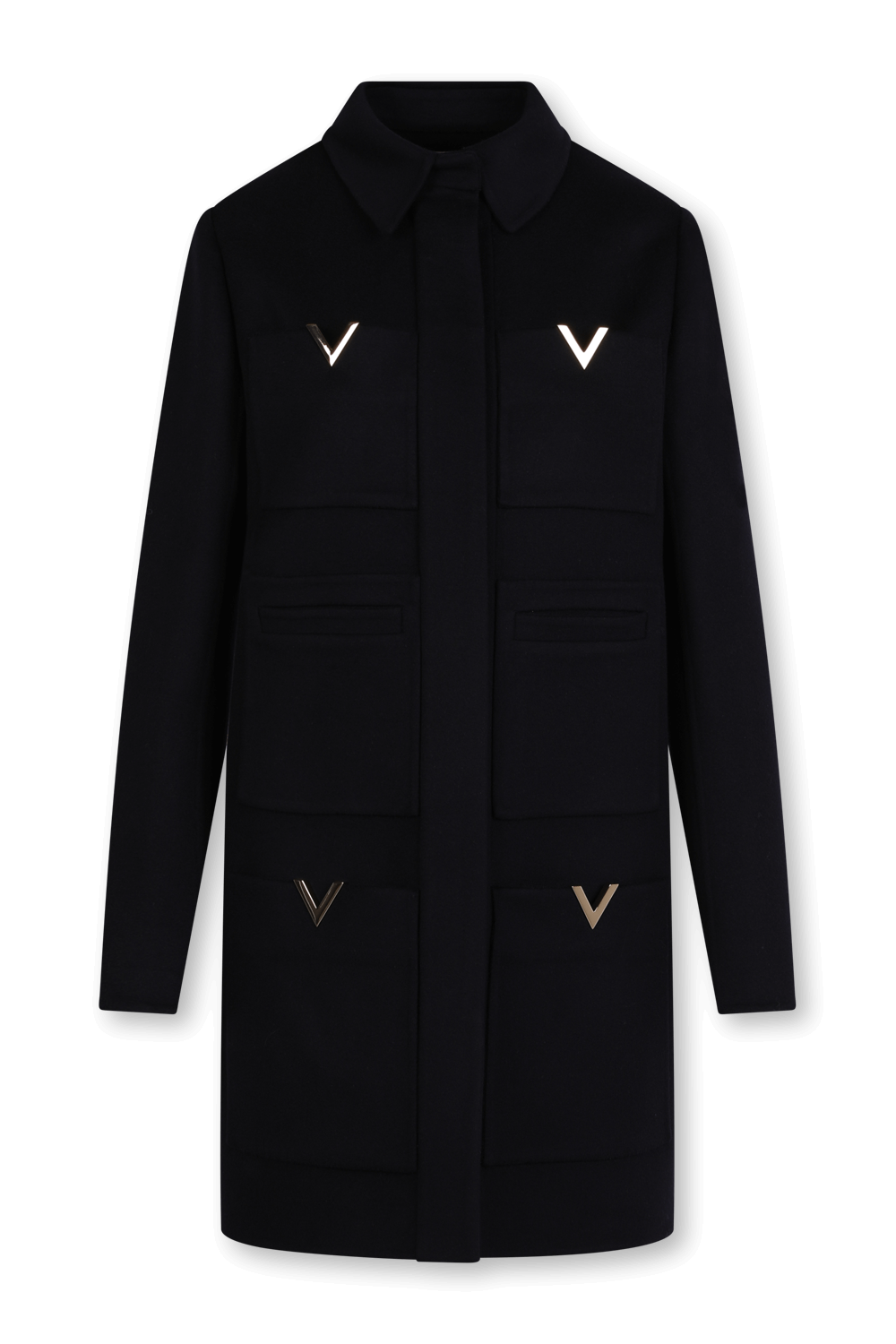 תמונה קידמית של מעיל ארוך מצמר עם לוגו וי כסוף