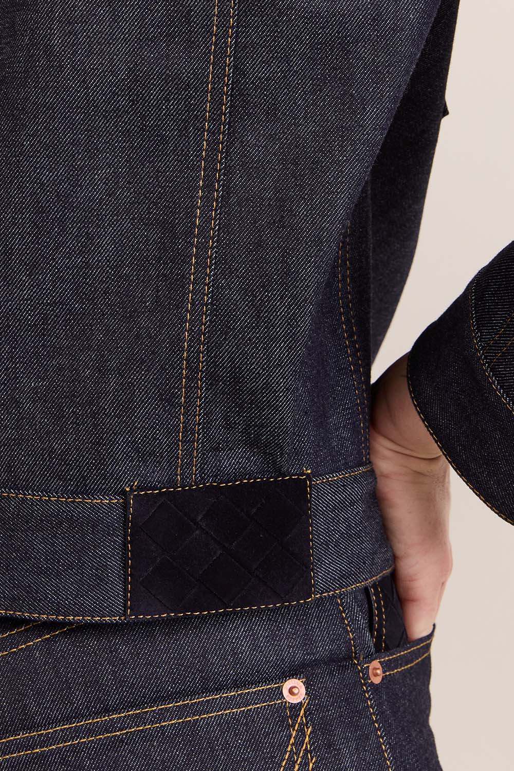 תמונת תקריב דוגמן של ז'קט ג'ינס