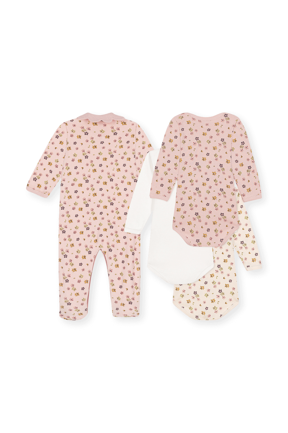 תמונה אחורית של מארז אוברול פיג'מה ושלושה בגדי גוף - גילאי 3-24 חודשים